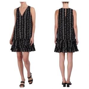 BCBG Paris | Black/White Floral Print V-neck Drop Waist Tiered A-line Mini Dress